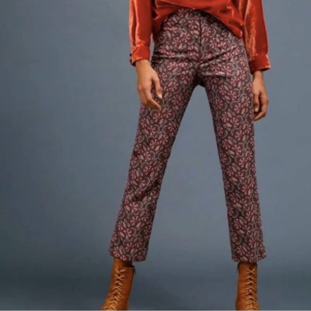 ANTHROPOLOGIE The Essential Slim Trouser Pant in Brown Floral Size 12